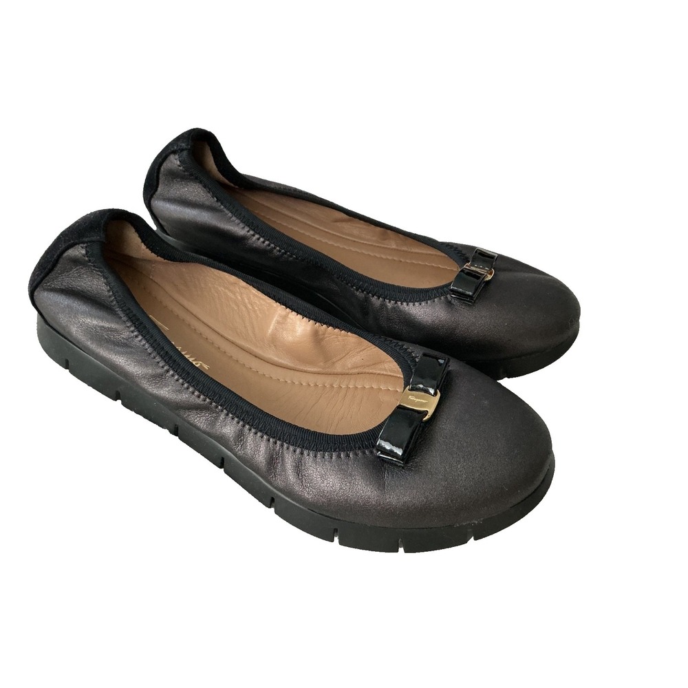 $895 Vintage Ferragamo Varina Oxford Black Leather Ballet Flats Gold Bow 9.5 M
